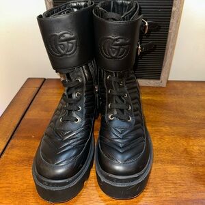 Authentic Gucci Marmont Black Leather Biker Lace-Up Boots